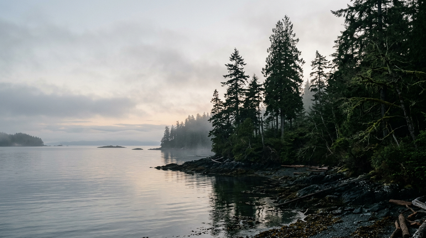 Misty coastal forest and ocean on the British Columbia coast